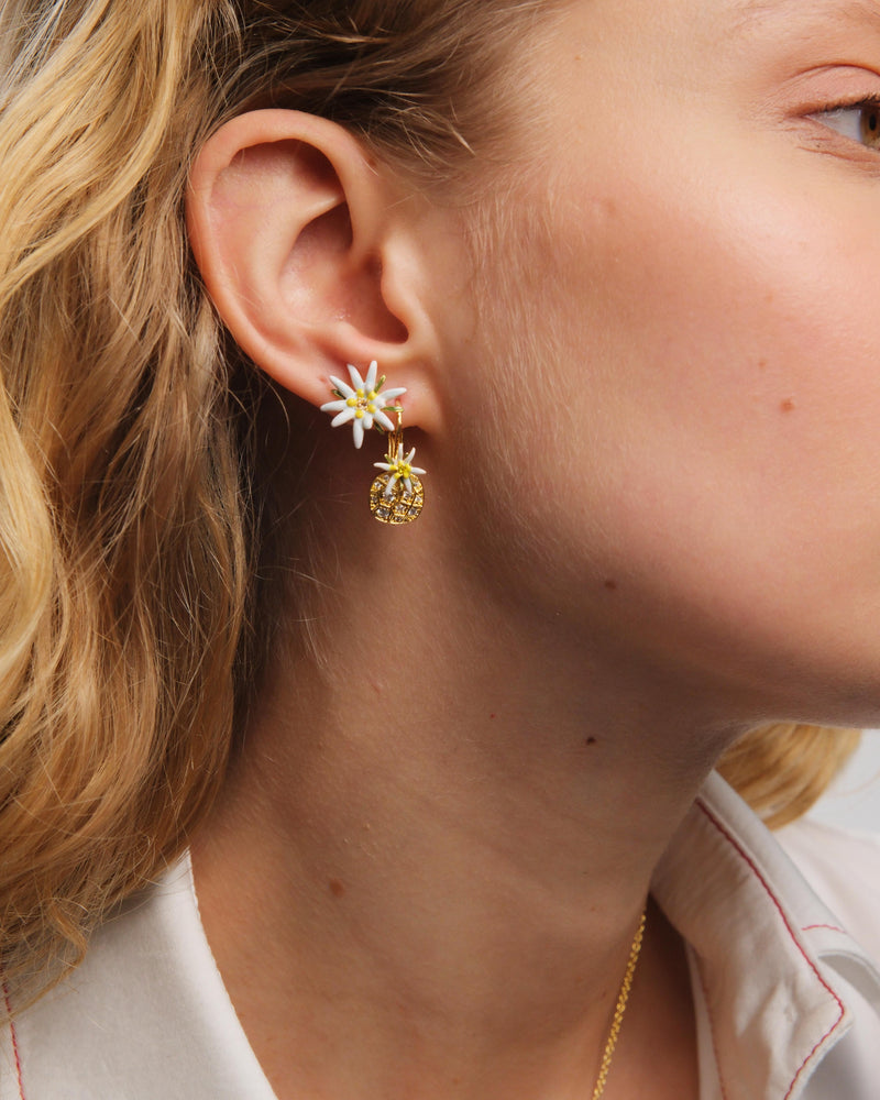 Les Néréides Loves Animals - Edelweiss Flower and Cubic Zirconia Sleeper Earrings