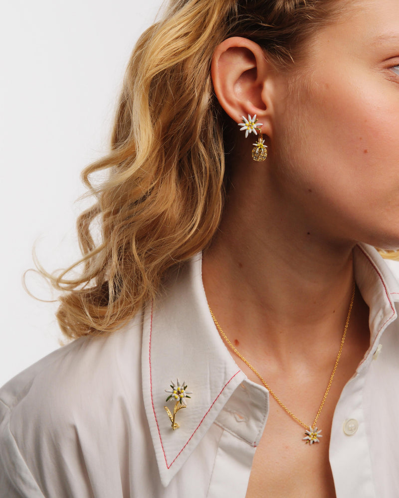 Les Néréides Loves Animals - Edelweiss Flower and Cubic Zirconia Sleeper Earrings