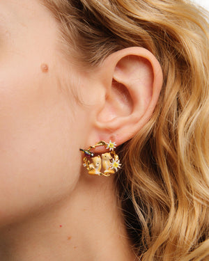 Les Néréides Loves Animals - Asymmetrical Edelweiss Flower, Arctic Fox and Varied Tit Hoop Post Earrings