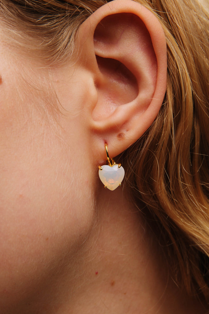 Opalescent White Diamantine Heart-Shaped Stone Sleeper Earrings