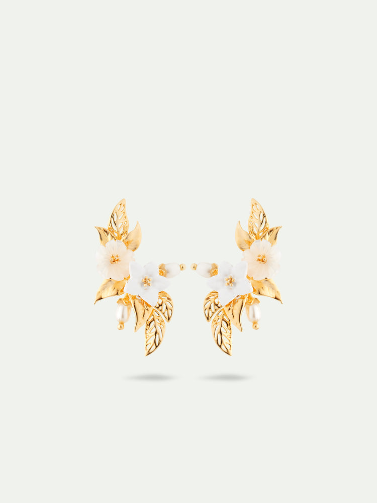 White Jasmine and Gold-Plated Leaves Sleeper Earrings