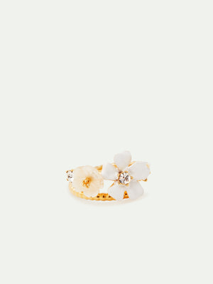 White Jasmine and Faceted Crystal Adjustable Ring