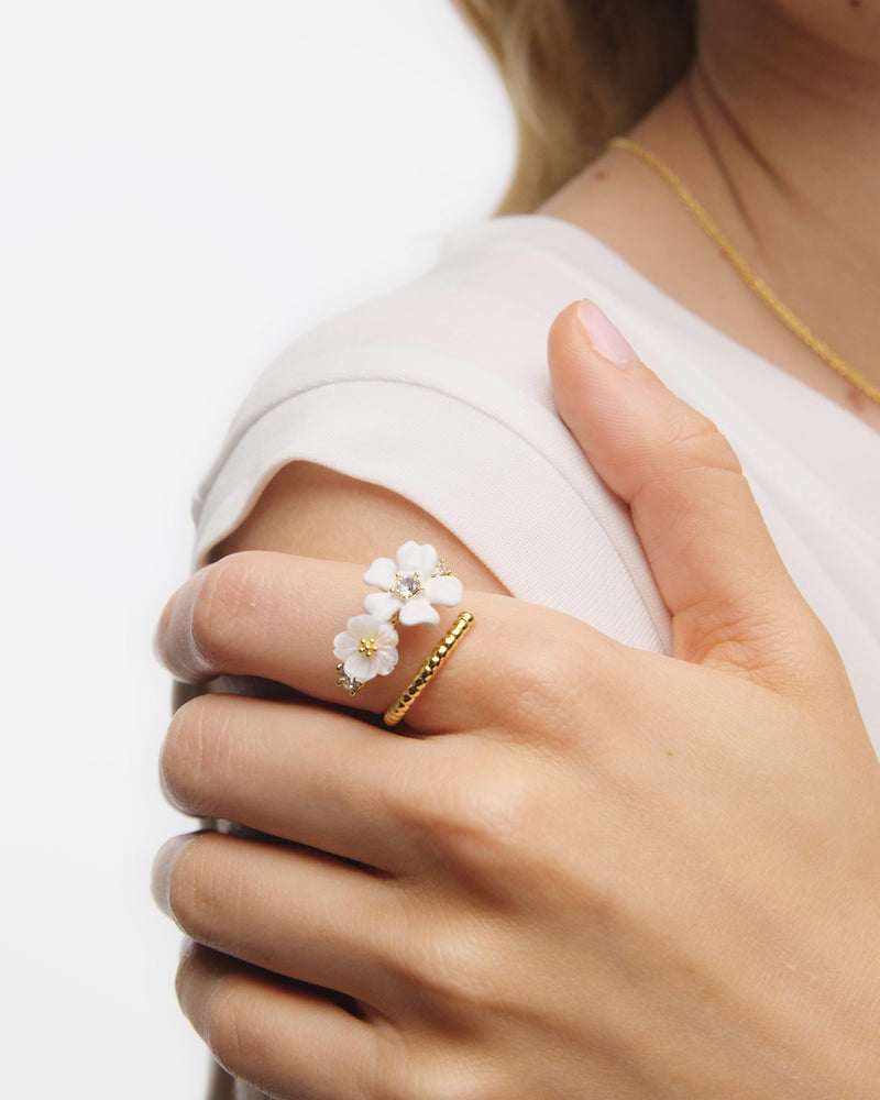 White Jasmine and Faceted Crystal Adjustable Ring