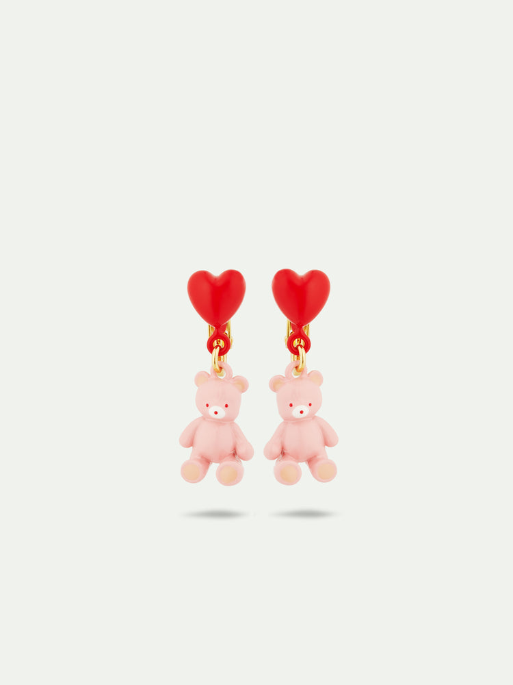 N2 Teddy Bear and Heart Balloon Clip-On Earrings