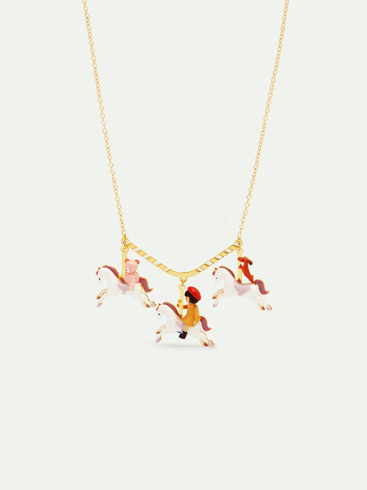 N2 Little Girl, Dachshund and Teddy Bear on a Carousel Statement Necklace