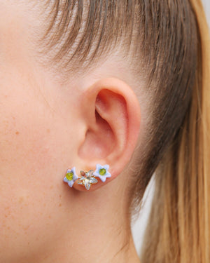 Asymmetrical Faceted Star and Jasmine Flower Post Earrings