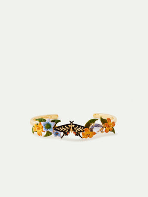 Butterfly, Jasmine Flowers and Faceted Glass Cuff Bracelet