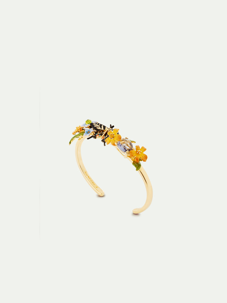 Butterfly, Jasmine Flowers and Faceted Glass Cuff Bracelet