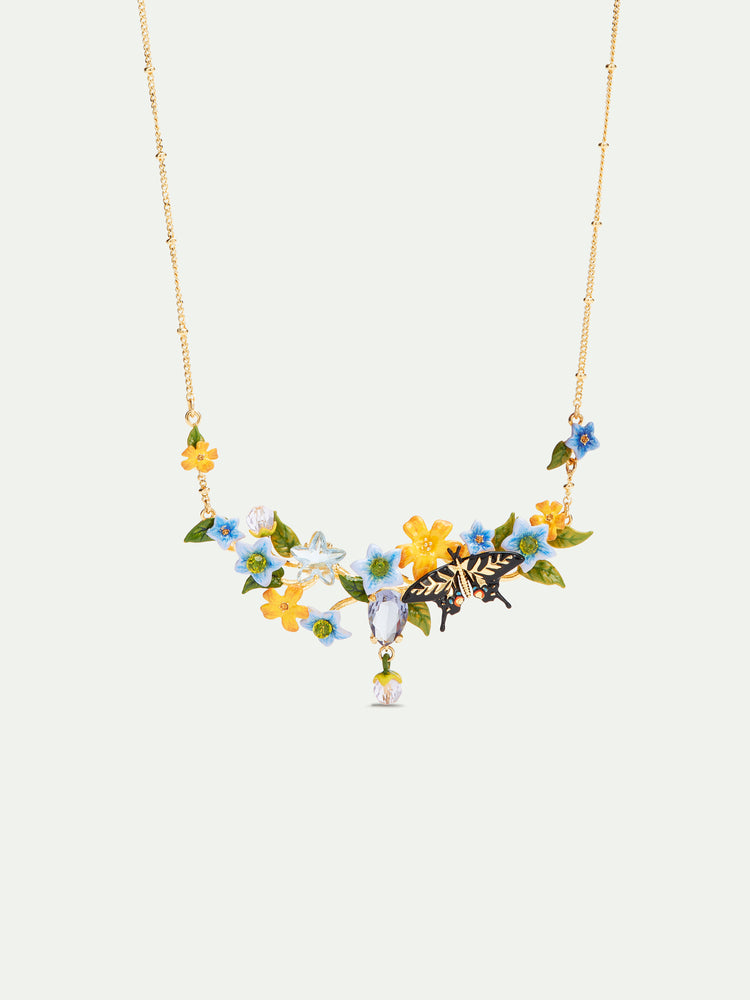 Butterfly, Jasmine Flowers and Faceted Glass Statement Necklace