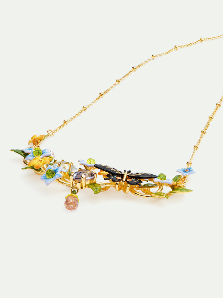 Butterfly, Jasmine Flowers and Faceted Glass Statement Necklace