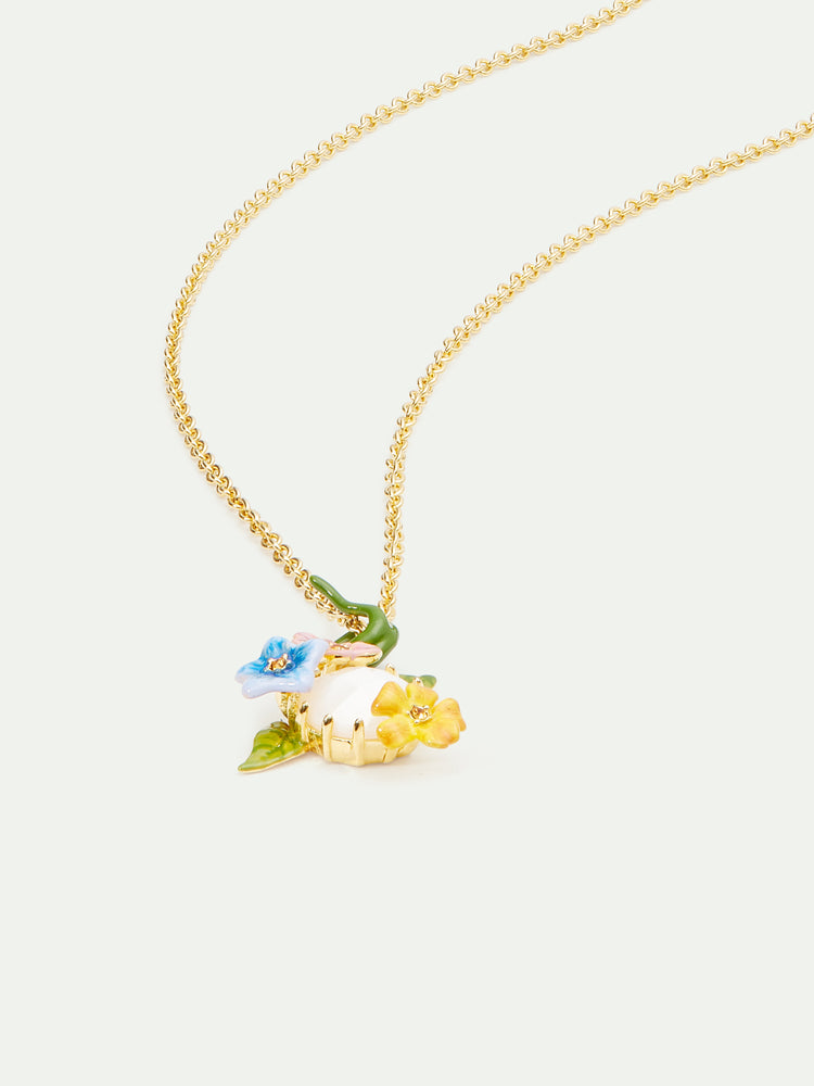 Three Colorful Jasmine Flowers and Faceted Stones Pendant Necklace