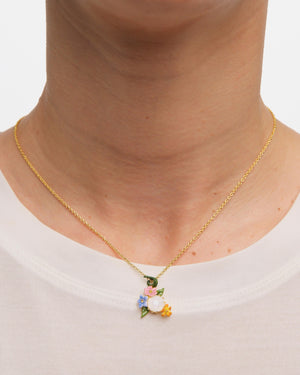 Three Colorful Jasmine Flowers and Faceted Stones Pendant Necklace