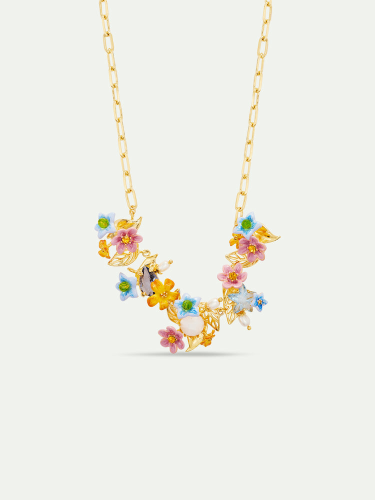 Colorful Jasmine Flower, Faceted Stone and Glass Pearl Bead Statement Necklace