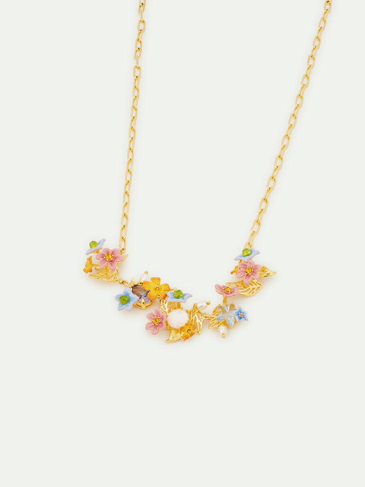 Colorful Jasmine Flower, Faceted Stone and Glass Pearl Bead Statement Necklace