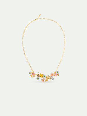 Colorful Jasmine Flower, Faceted Stone and Glass Pearl Bead Statement Necklace