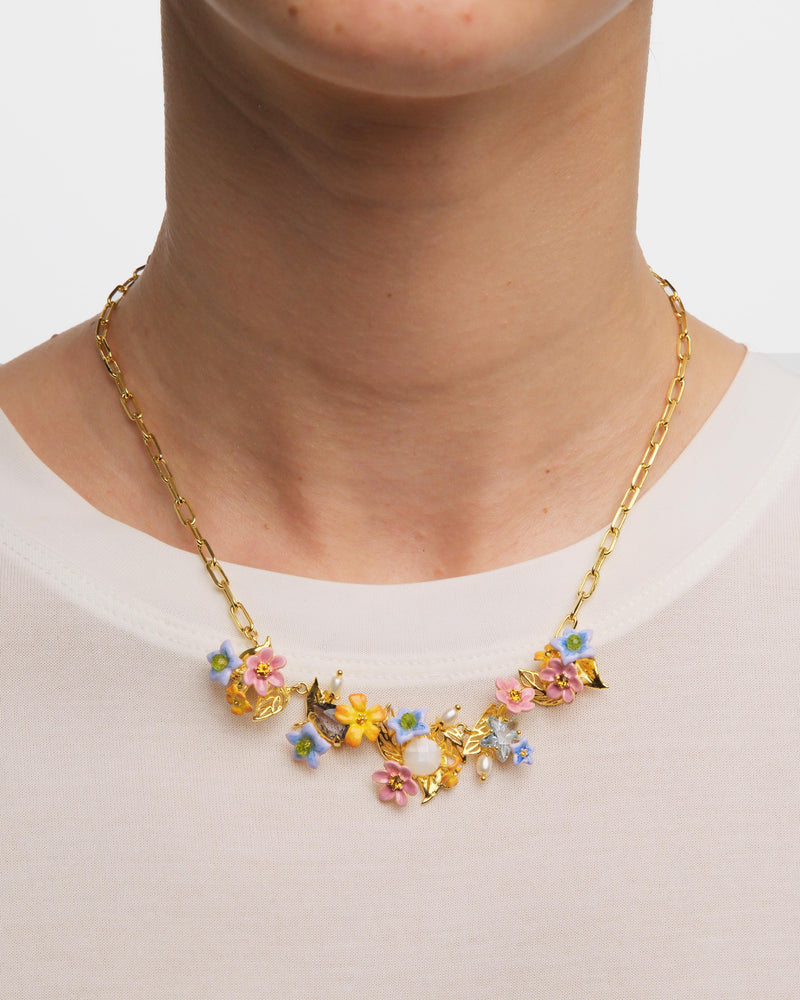 Colorful Jasmine Flower, Faceted Stone and Glass Pearl Bead Statement Necklace