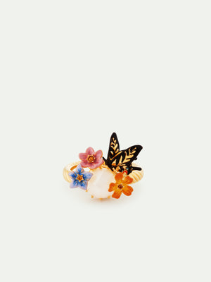 Butterfly, 3 Colorful Jasmine Flowers and Faceted Stone Cocktail Ring