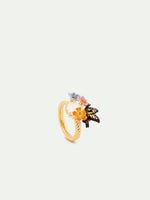 Butterfly, 3 Colorful Jasmine Flowers and Faceted Stone Cocktail Ring