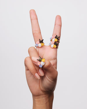 Butterfly, 3 Colorful Jasmine Flowers and Faceted Stone Cocktail Ring