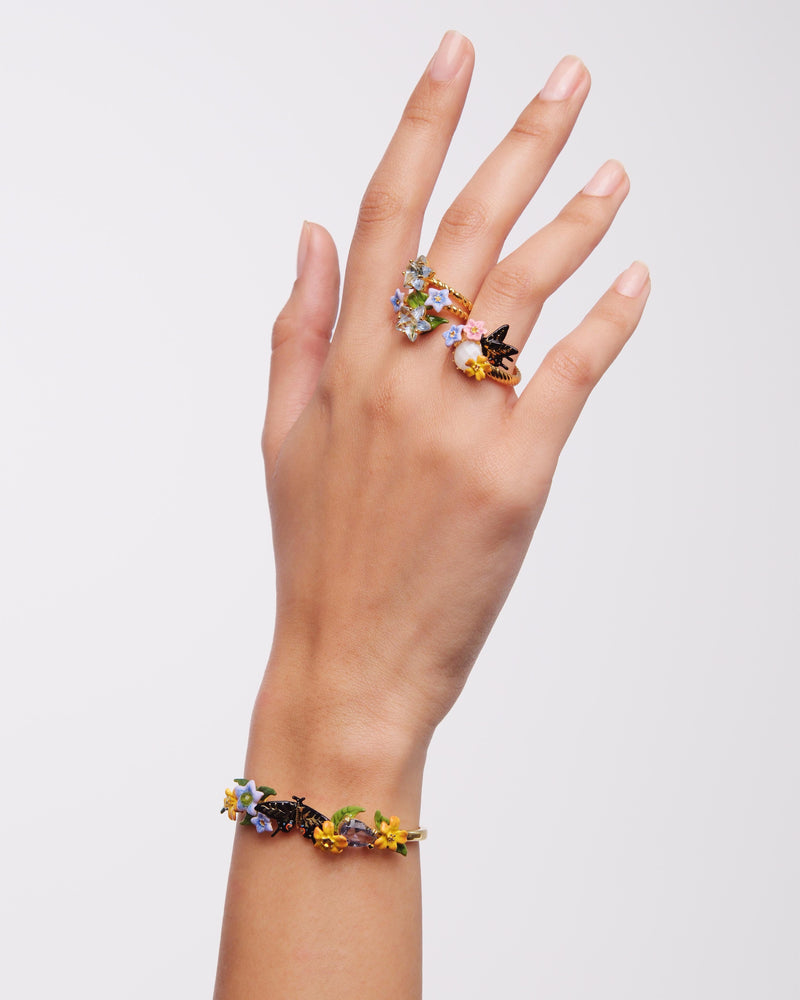 Butterfly, 3 Colorful Jasmine Flowers and Faceted Stone Cocktail Ring