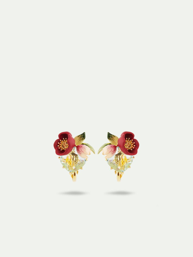 Red Hellebore Flower and Faceted Stone Clip-On Earrings