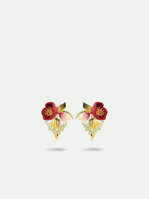 Red Hellebore Flower and Faceted Stone Clip-On Earrings