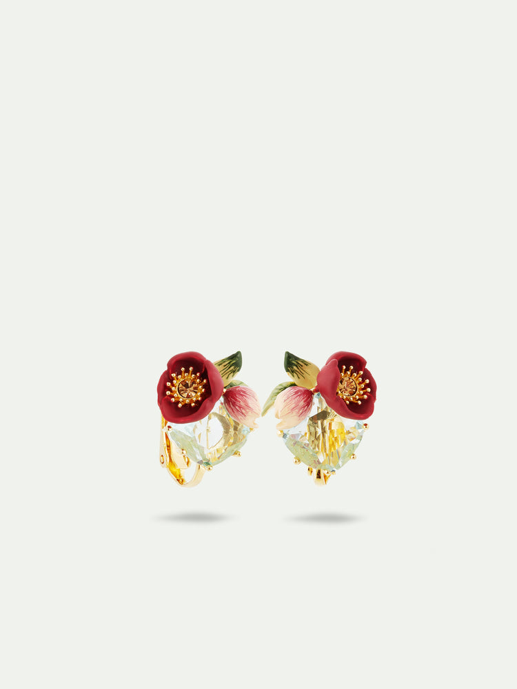 Red Hellebore Flower and Faceted Stone Clip-On Earrings