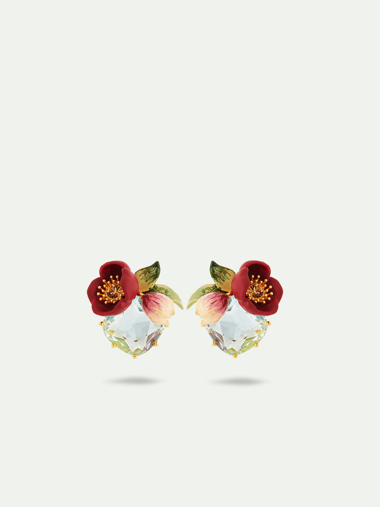 Red Hellebore Flower and Faceted Stone Post Earrings