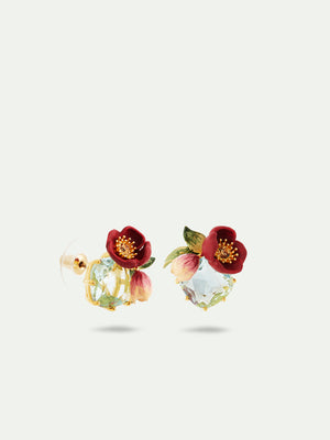 Red Hellebore Flower and Faceted Stone Post Earrings