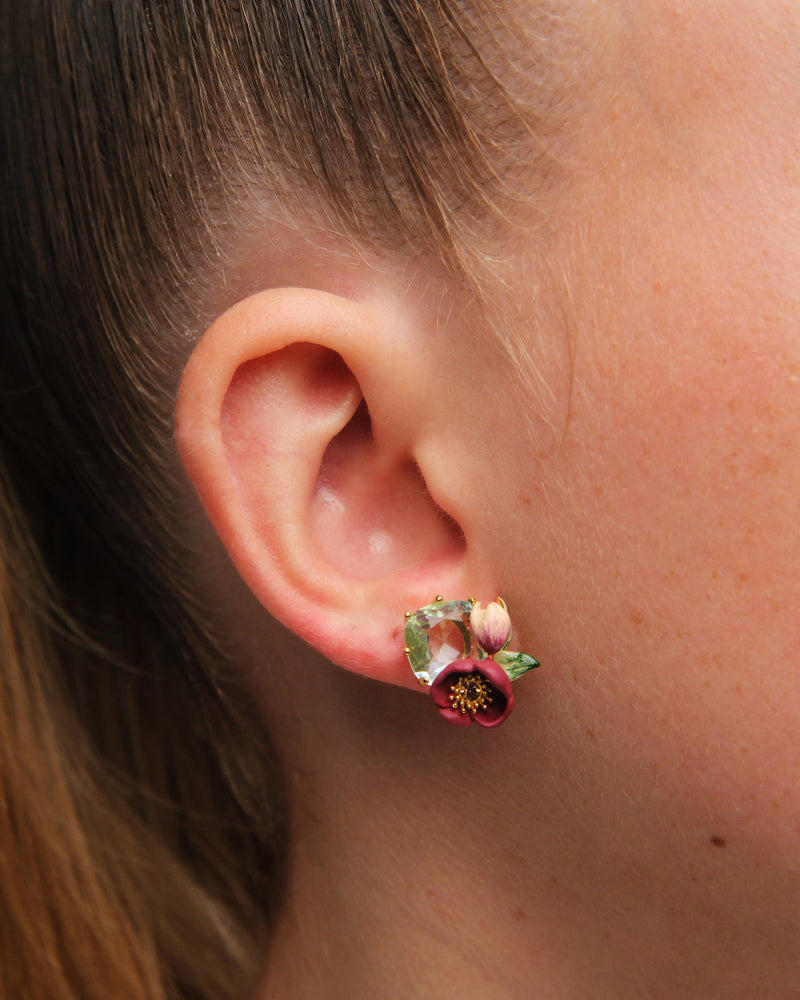 Red Hellebore Flower and Faceted Stone Clip-On Earrings