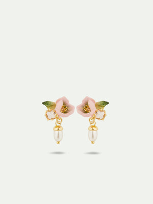 Hellebore Christmas Rose and Glass Pearl Bead Post Earrings