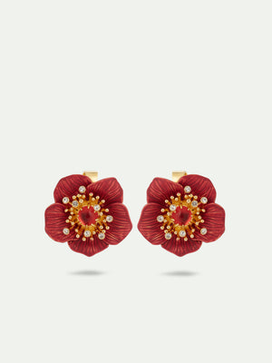 Red Hellebore Christmas Flower Clip-On Earrings