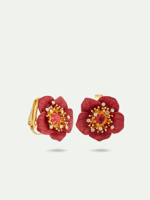 Red Hellebore Christmas Flower Clip-On Earrings