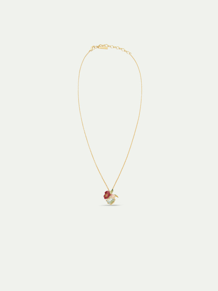 Red Hellebore Flower and Faceted Stone Pendant Necklace