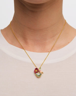 Red Hellebore Flower and Faceted Stone Pendant Necklace