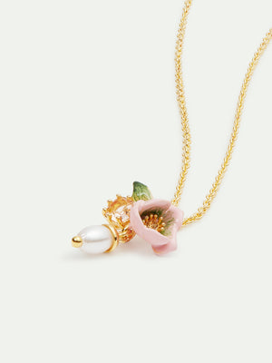 Pink Hellebore Flower and Glass Pearl Bead Pendant Necklace