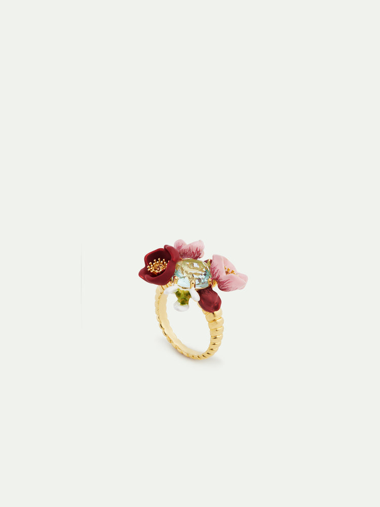 Hellebore Flower Bouquet and Faceted Stone Cocktail Ring