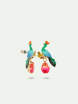 Peacock and Faceted Glass Pear Post Earrings