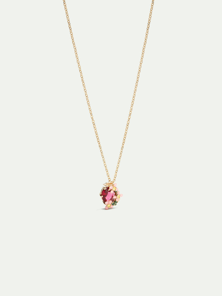 Pink Faceted Glass and Pink Flower Pendant Necklace