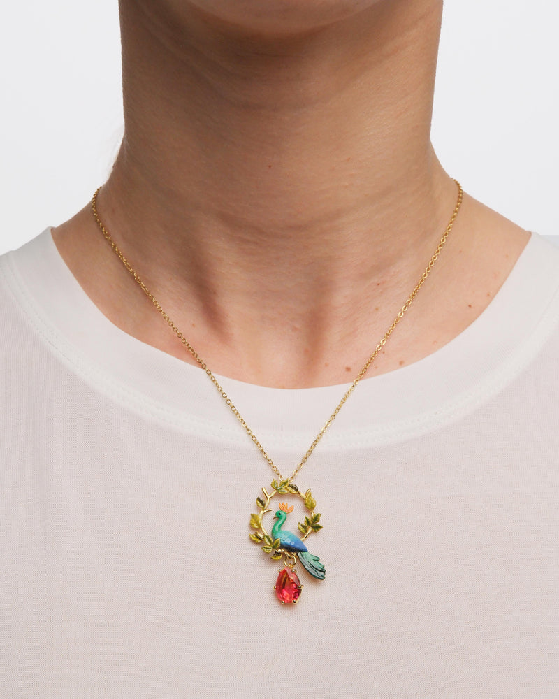 Peacock and Faceted Glass Pear Pendant Necklace