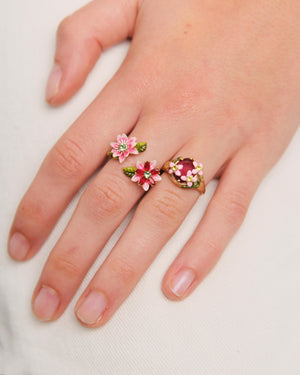 Pink Faceted Glass and Pink Flower Cocktail Ring