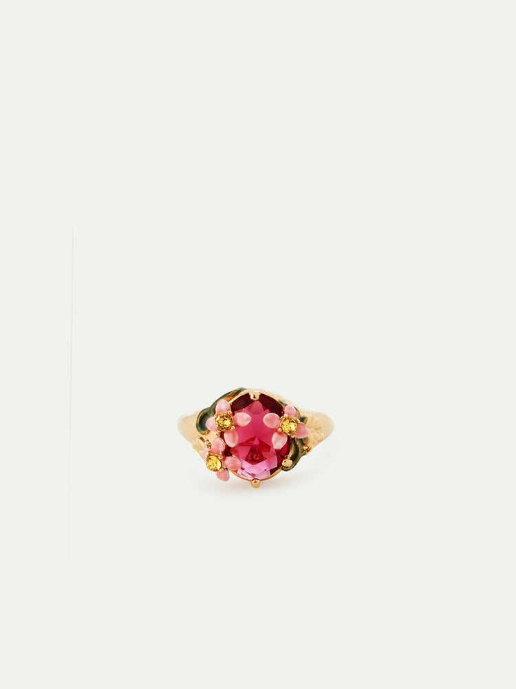 Pink Faceted Glass and Pink Flower Cocktail Ring