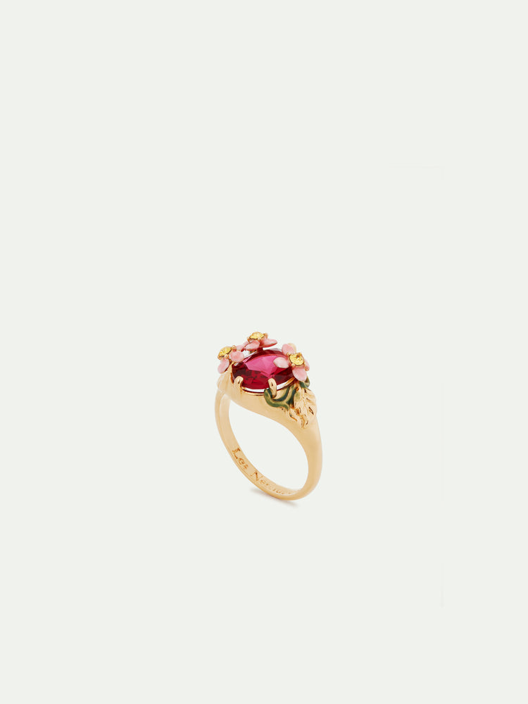 Pink Faceted Glass and Pink Flower Cocktail Ring