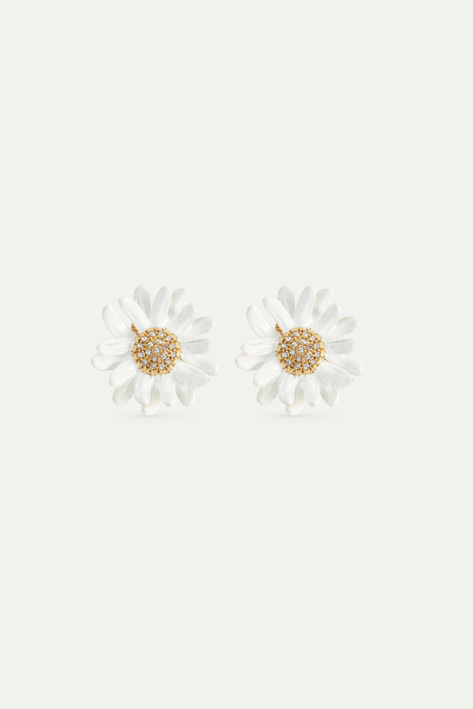 White and Gold Daisy Clip-On Earrings with a Pavé Heart