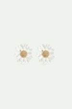 White and Gold Daisy Clip-On Earrings with a Pavé Heart