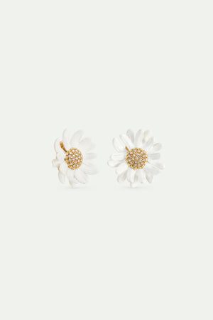 White and Gold Daisy Clip-On Earrings with a Pavé Heart