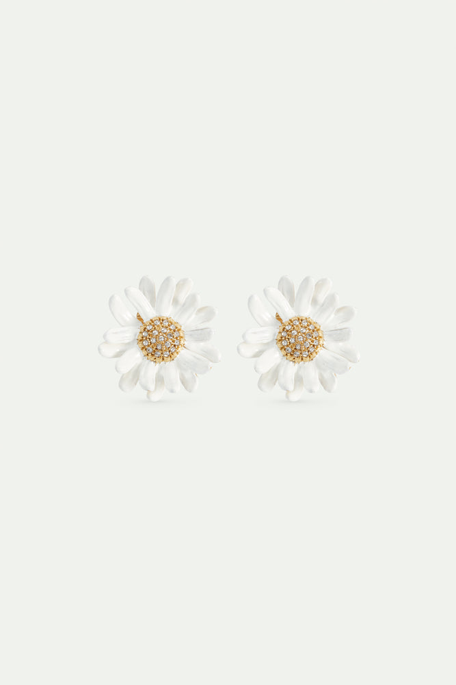 White and Gold Daisy Post Earrings with a Pavé Heart