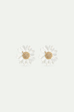 White and Gold Daisy Post Earrings with a Pavé Heart