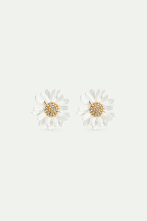 White and Gold Daisy Post Earrings with a Pavé Heart