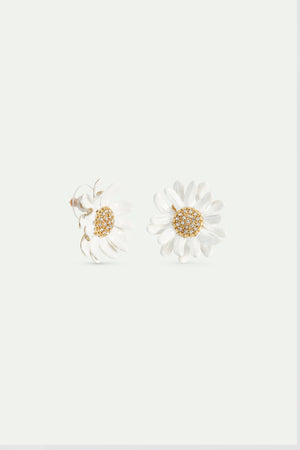 White and Gold Daisy Post Earrings with a Pavé Heart